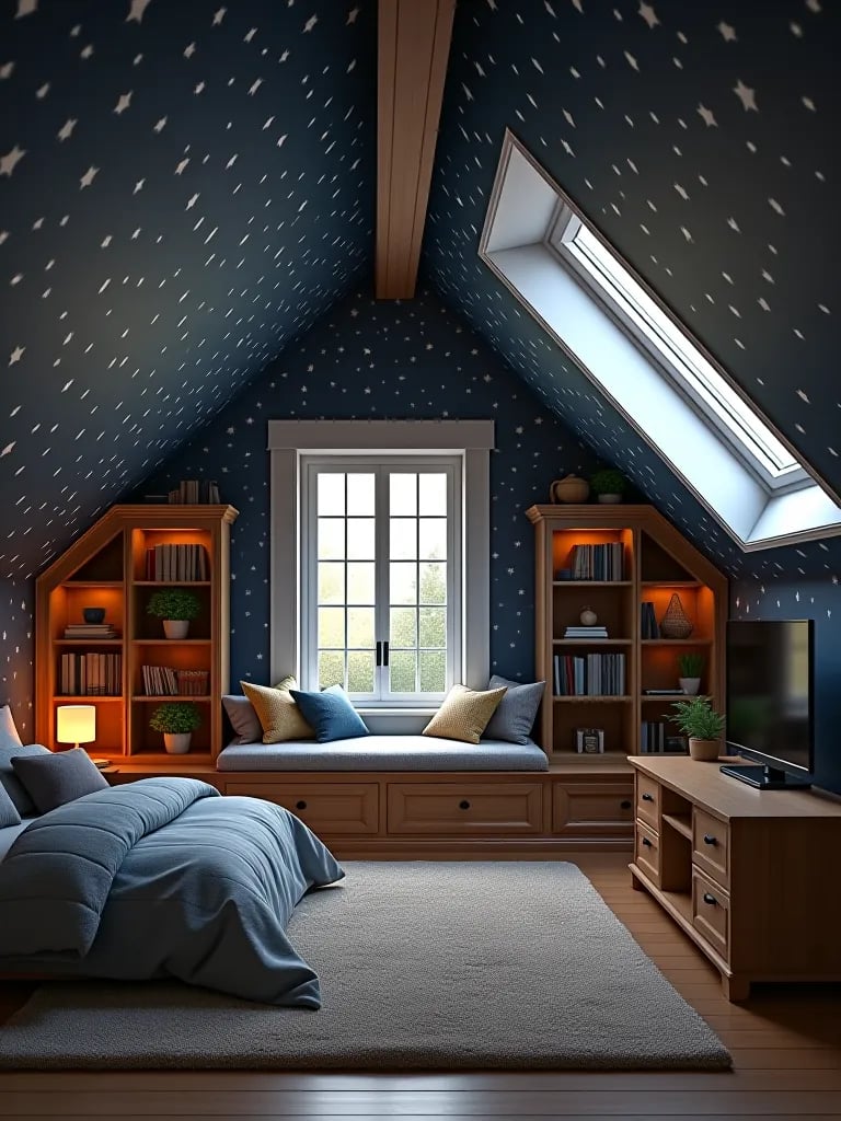 Attic bedroom with starry wallpaper, skylight, and cozy window seat
