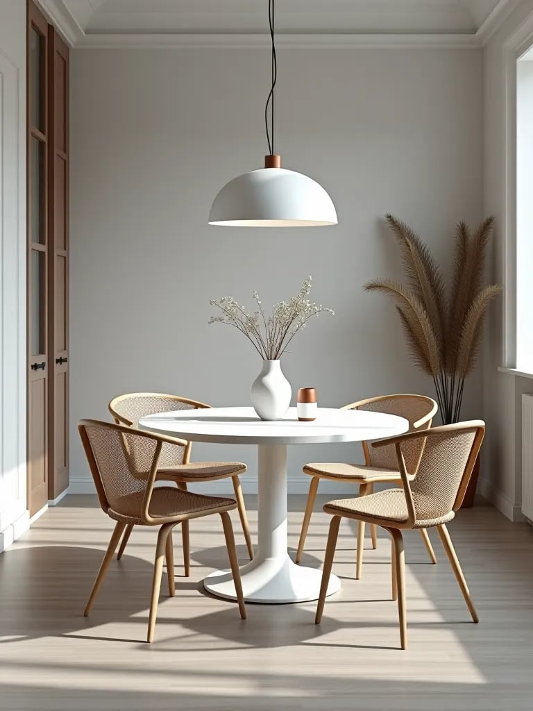 Balanced Scandinavian dining space with mixed materials