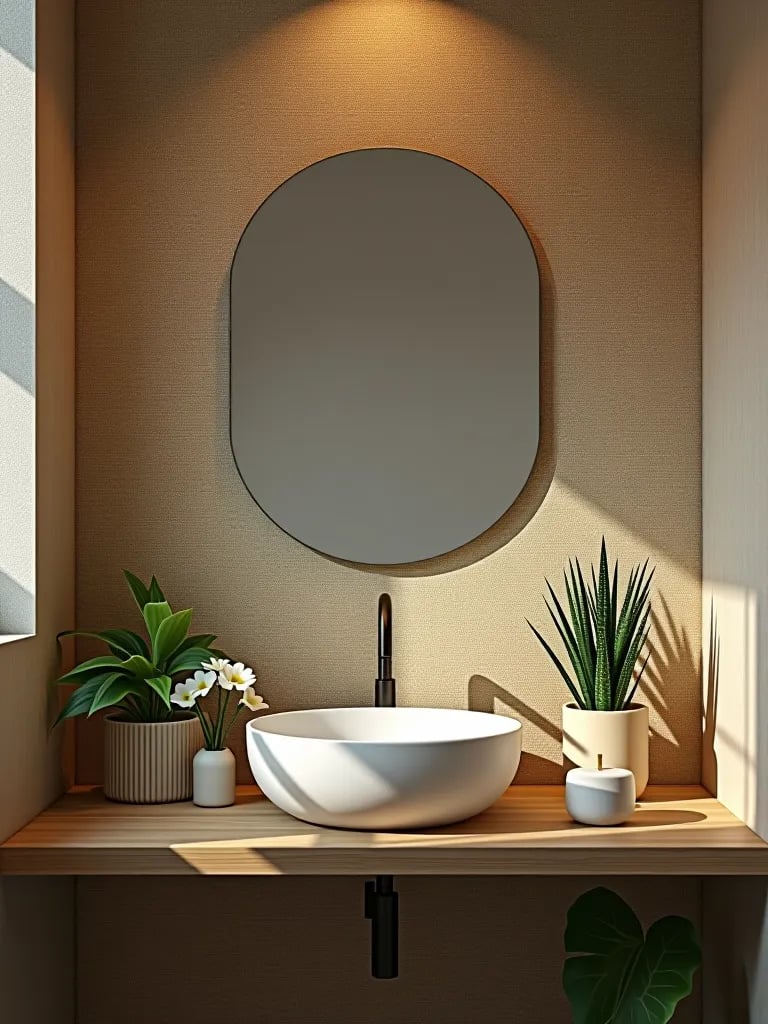 Bathroom shelf with grasscloth wallpaper background