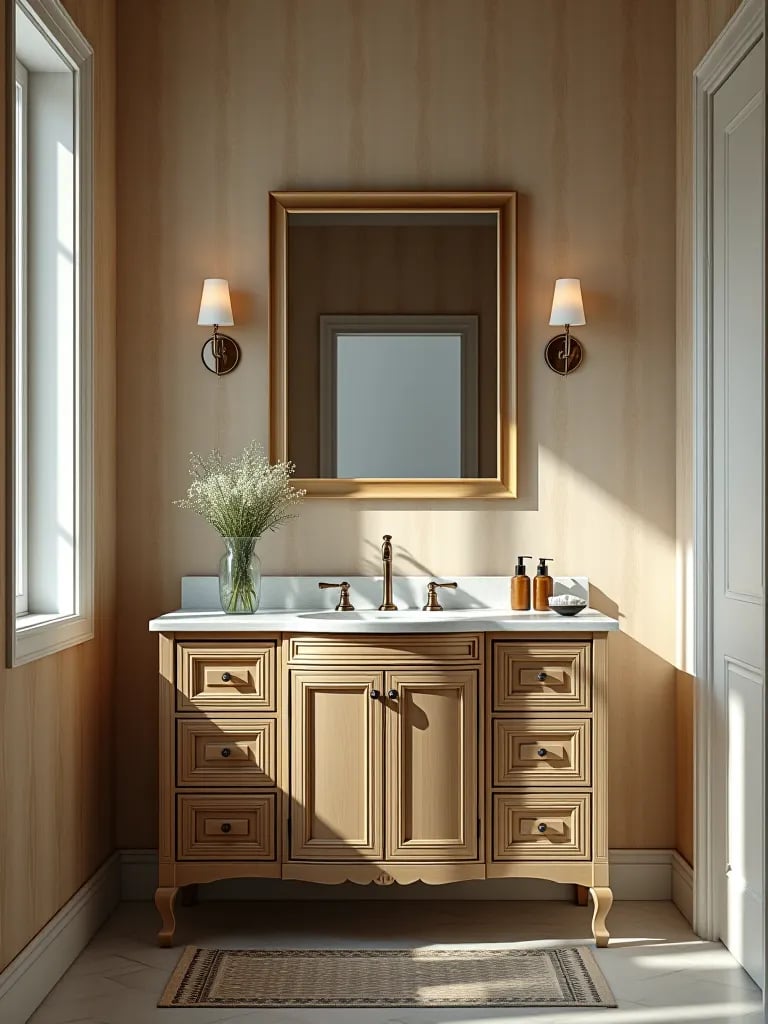 Bathroom vanity with partially installed wallpaper