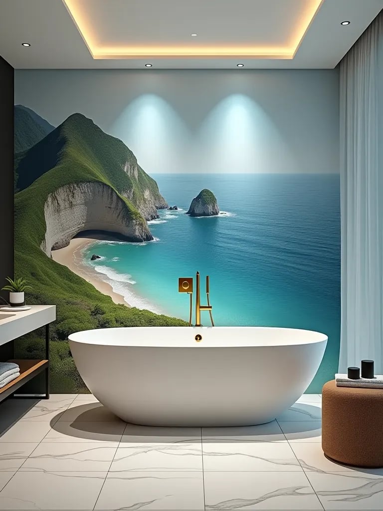 Bathroom with ocean view wallpaper mural and white bathtub