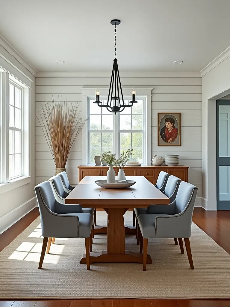 Beach inspired dining area with white shiplap walls and natural textures