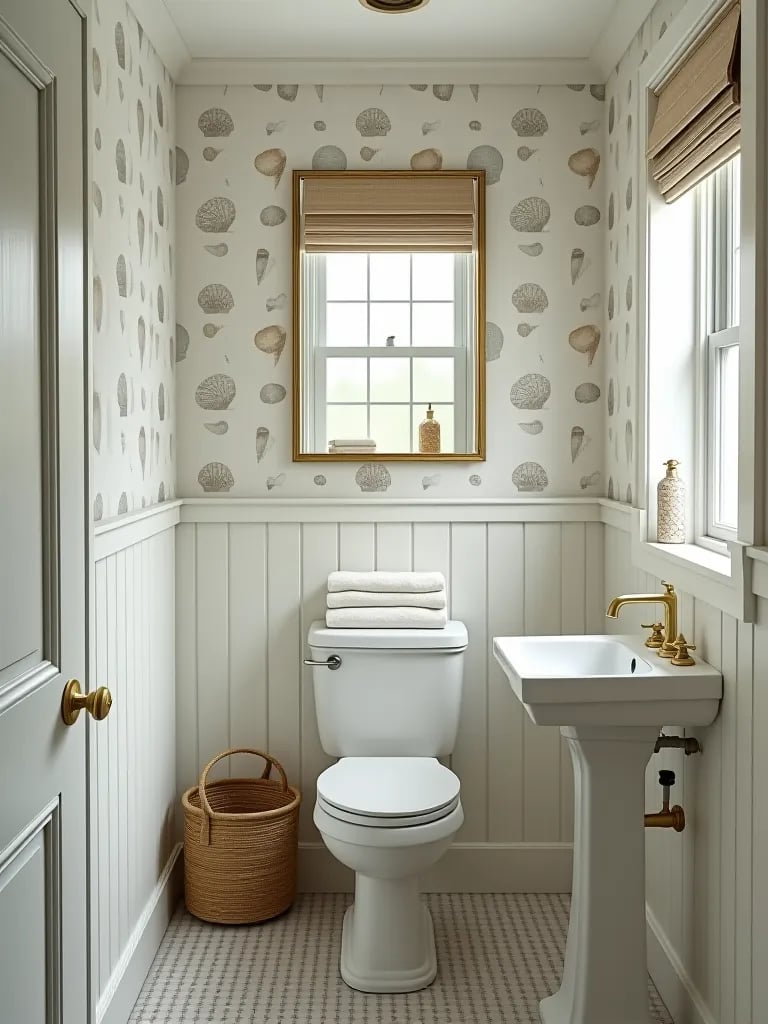Beach inspired small bathroom featuring seashell wallpaper and rope accents