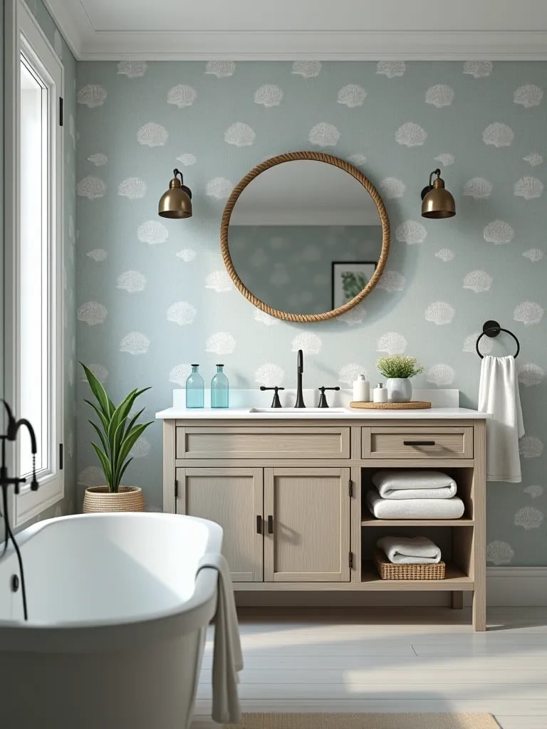 Beach themed bathroom with subtle coastal wallpaper