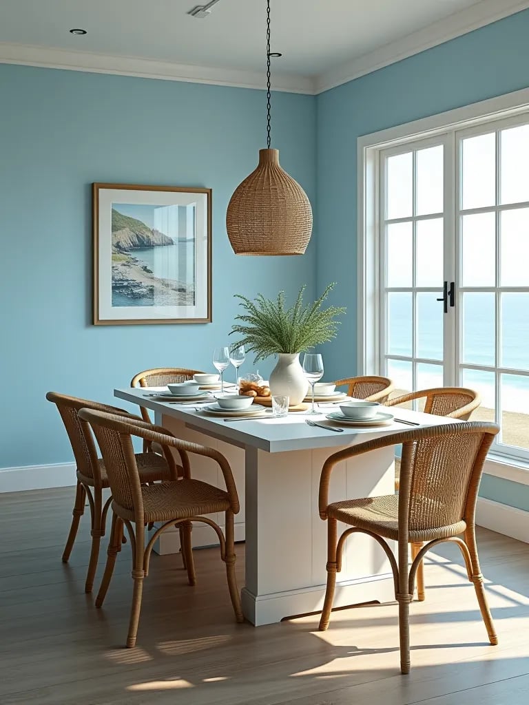Beachy dining room with blue walls and whitewashed furniture