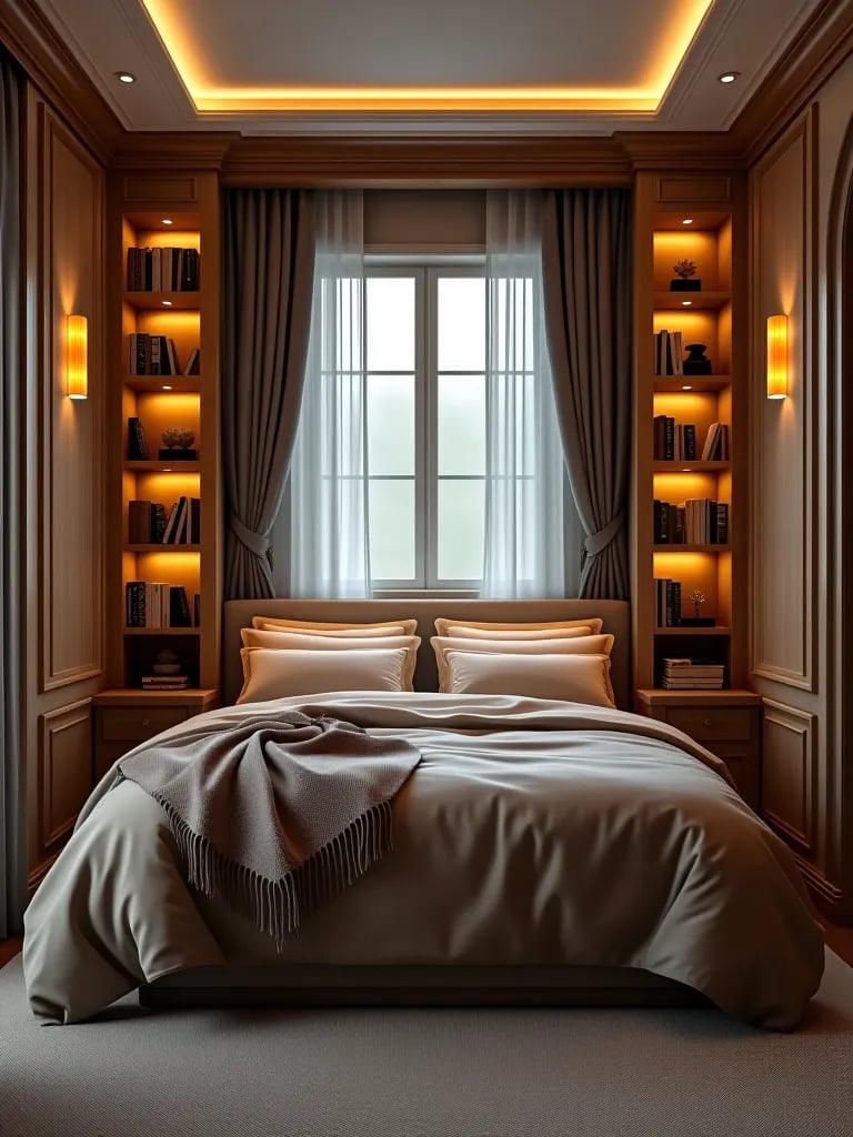 Bed alcove with bookshelves and soft curtains