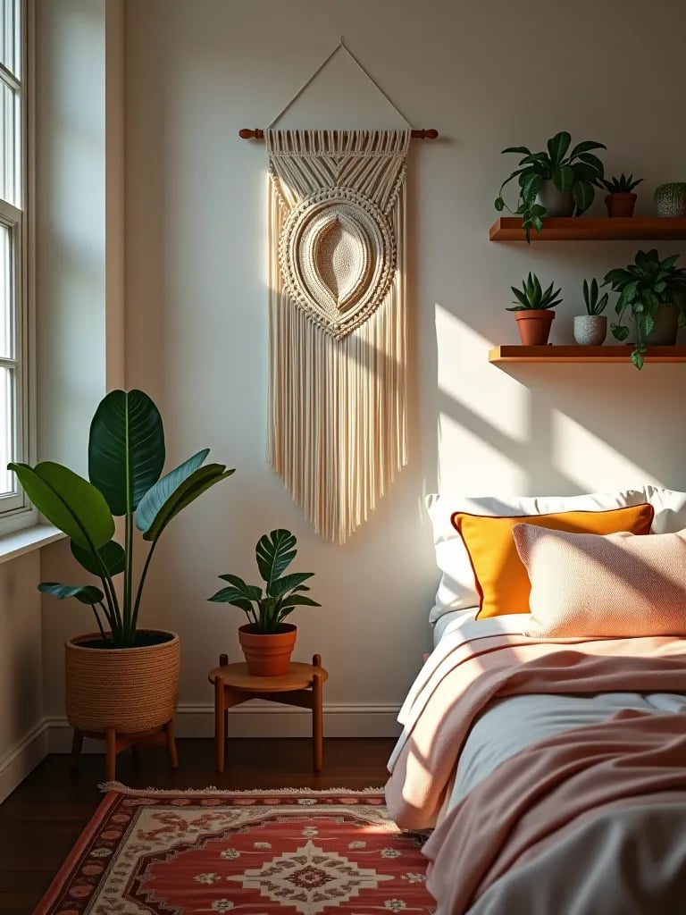 Bedroom corner with wall hanging, plants, and vintage rug