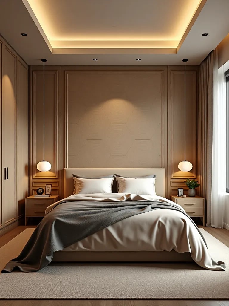 Bedroom featuring floor to ceiling geometric wallpaper