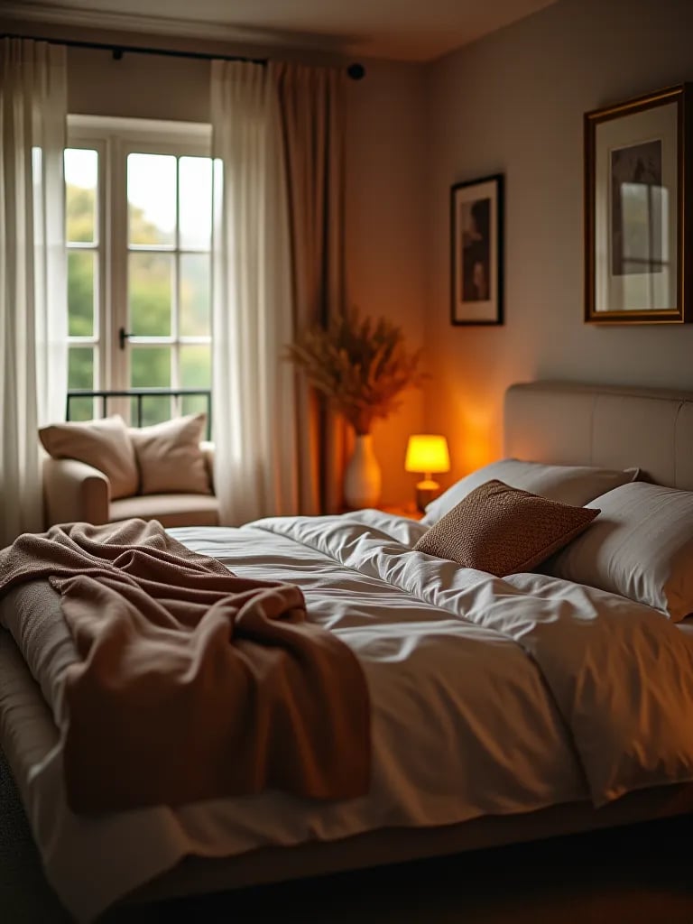 Bedroom with warm ambient lighting and reading nook