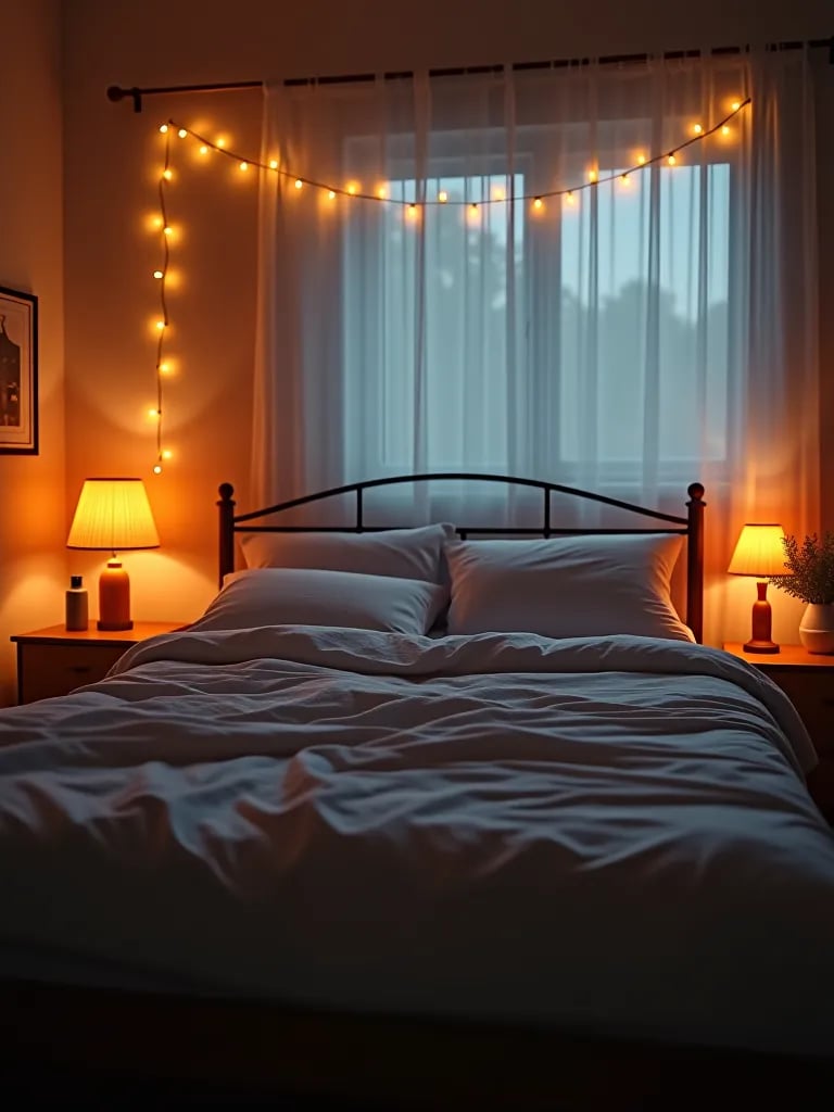 Bedroom with warm, dimmable lighting and relaxing ambiance