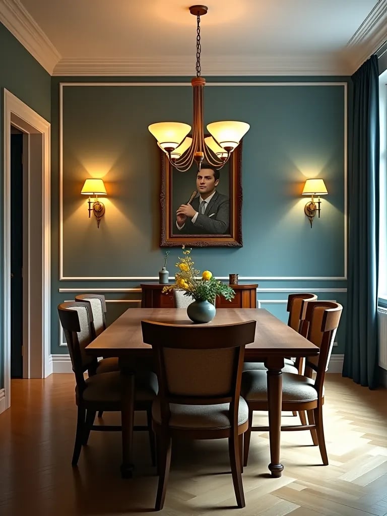 Before and after dining room transformation with new paint and lighting