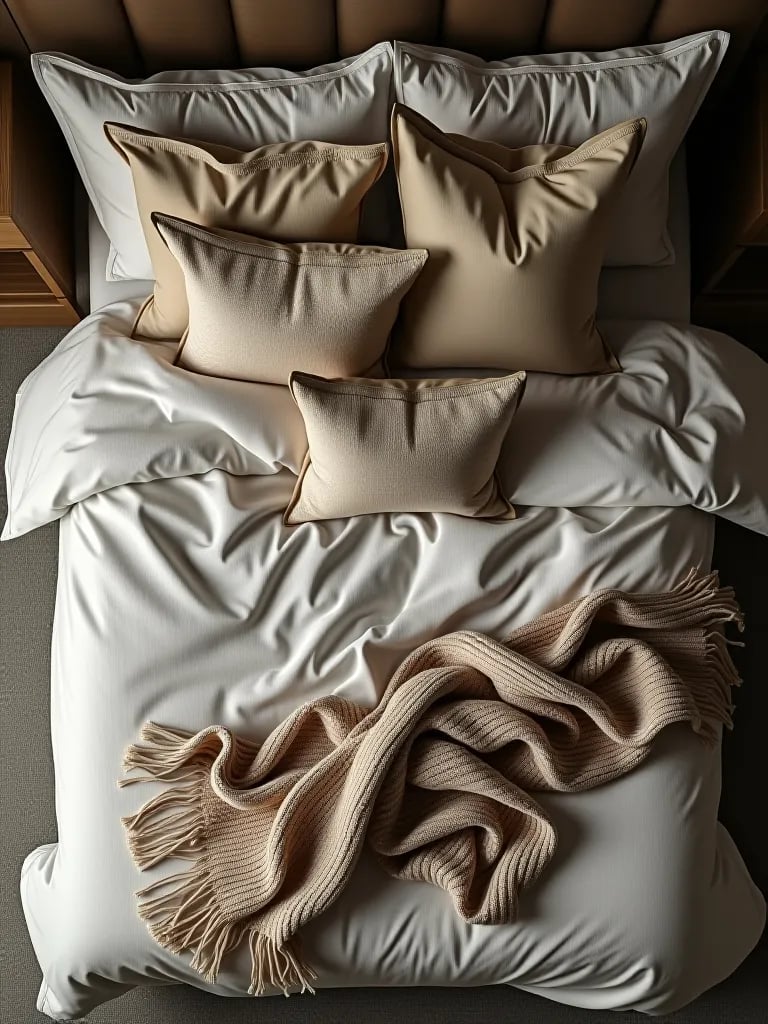 Bird’s eye view of cozy, multi layered bed