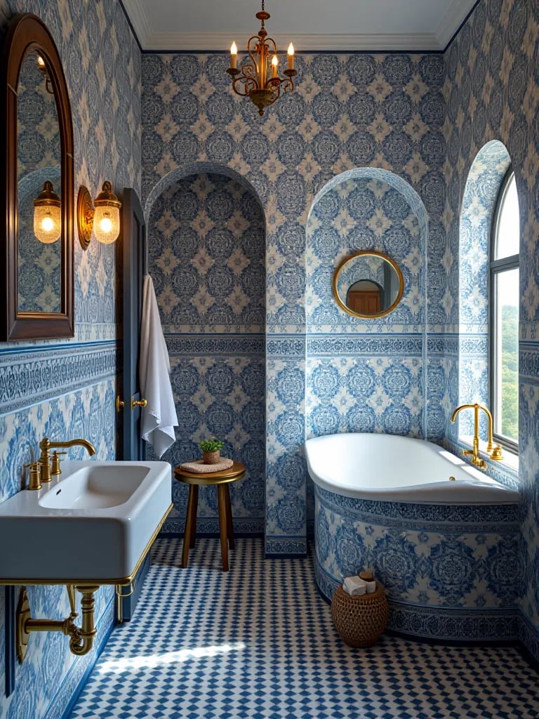 Blue and white Moroccan style removable wallpaper in ornate bathroom