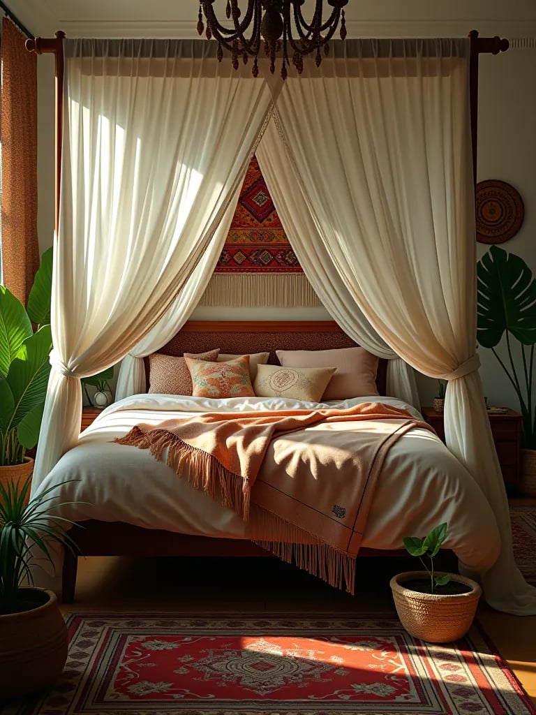 Bohemian bedroom with canopy bed and plants