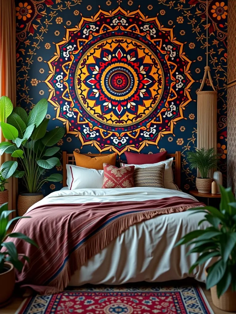Bohemian bedroom with colorful mandala wallpaper