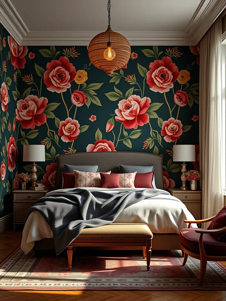 Bohemian bedroom with large scale floral wallpaper