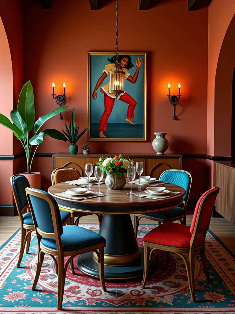 Bohemian dining room with terracotta walls and eclectic decor