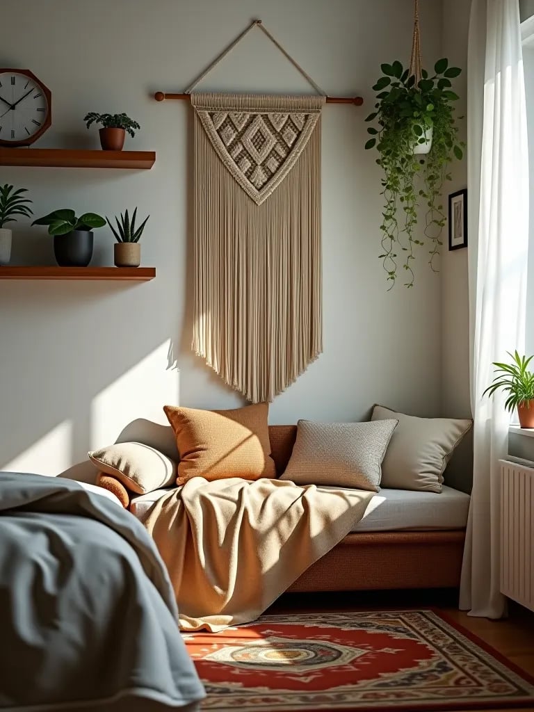 Boho bedroom corner with macramé and plants