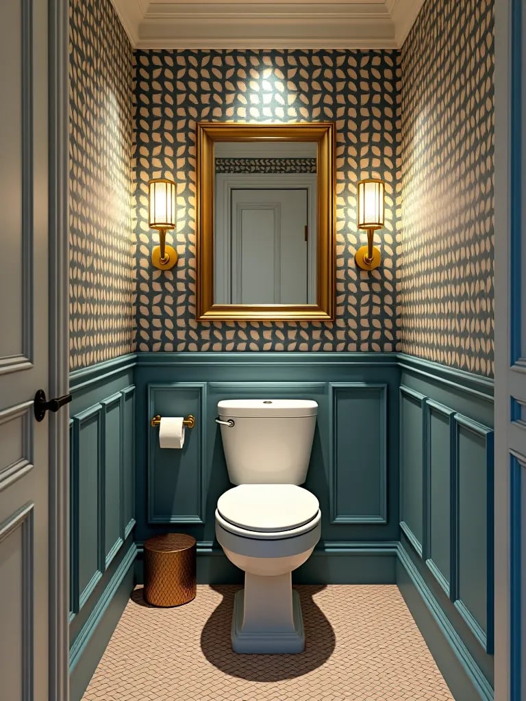 Bold geometric wallpaper in small bathroom