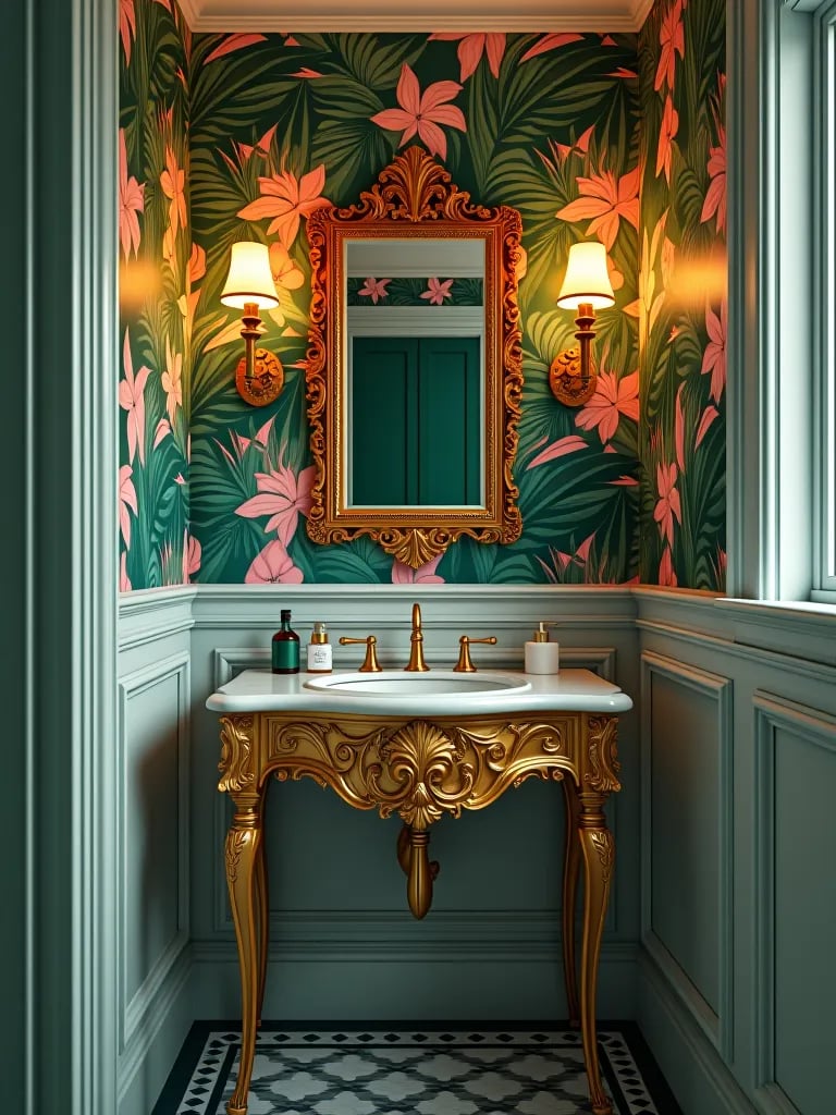 Bold powder room with green and pink wallpaper and gold sink