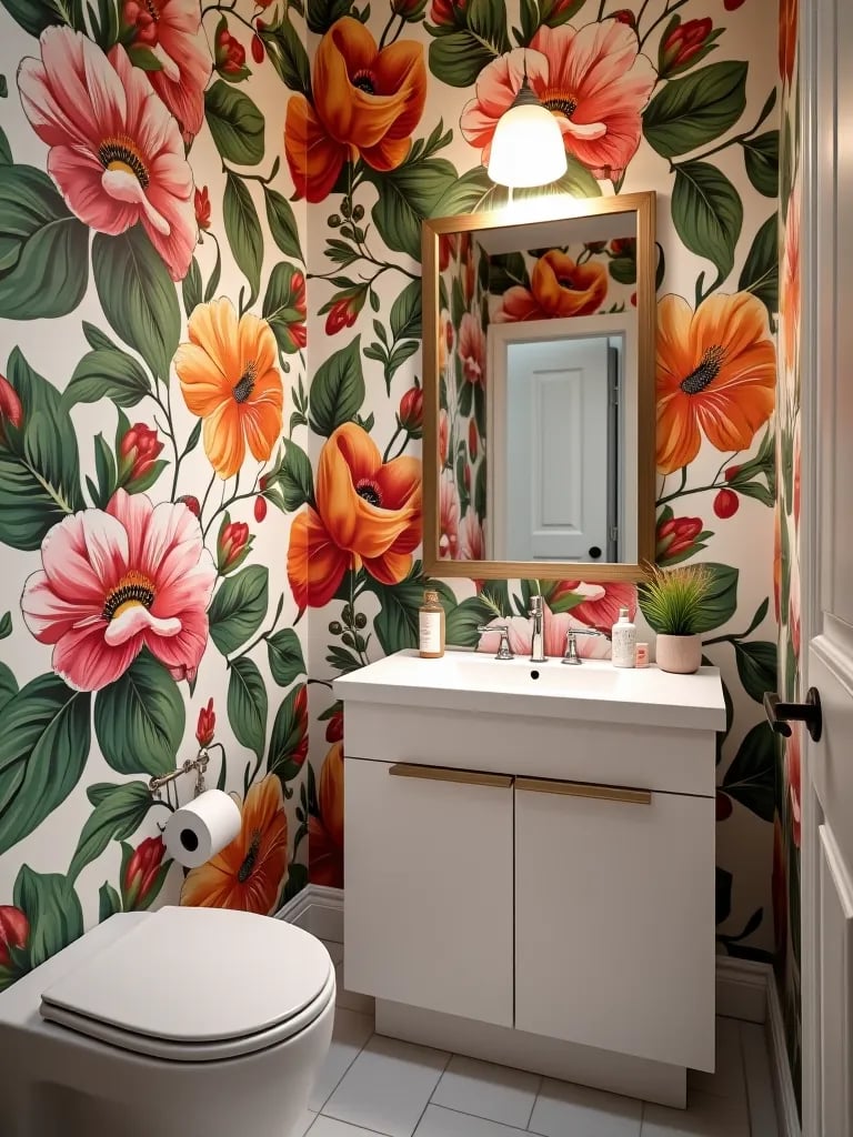 Bold small bathroom with large scale floral wallpaper and white vanity
