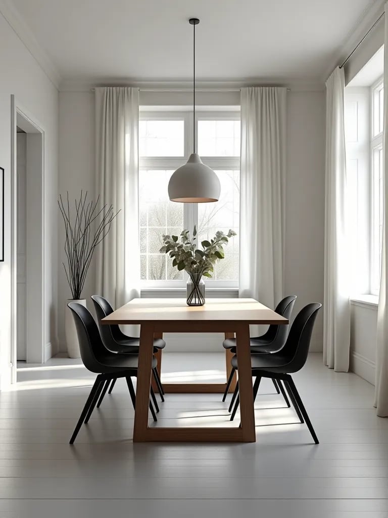 Bright Scandinavian dining room with wooden table and black chairs