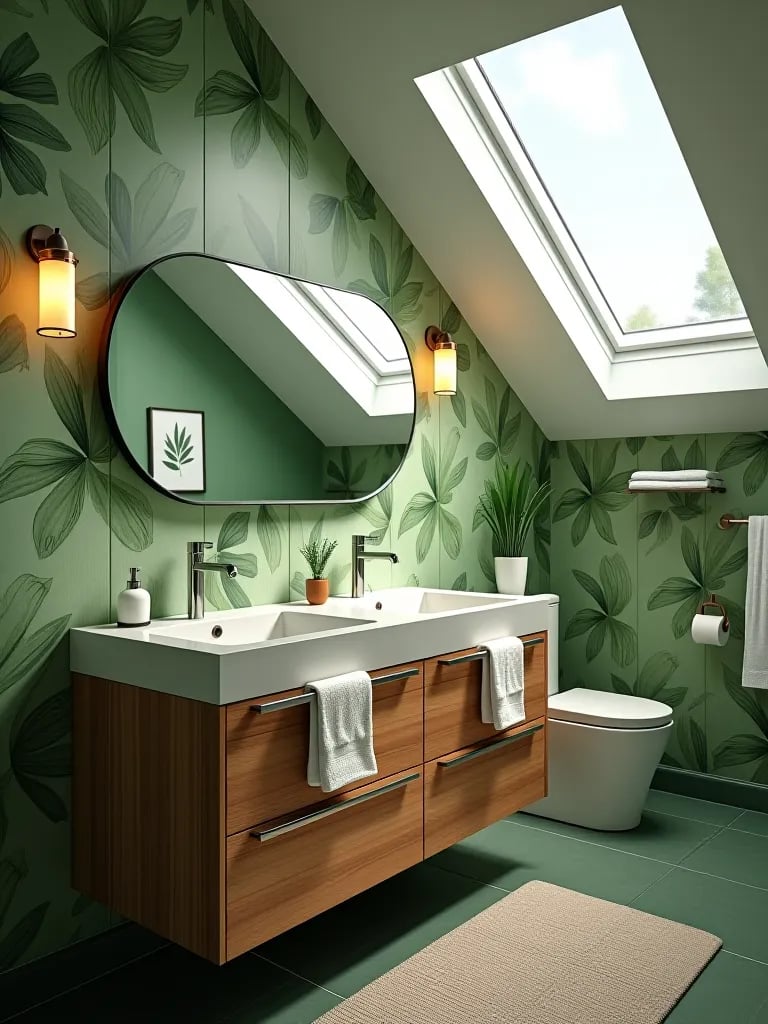 Bright bathroom with leaf wallpaper and skylight