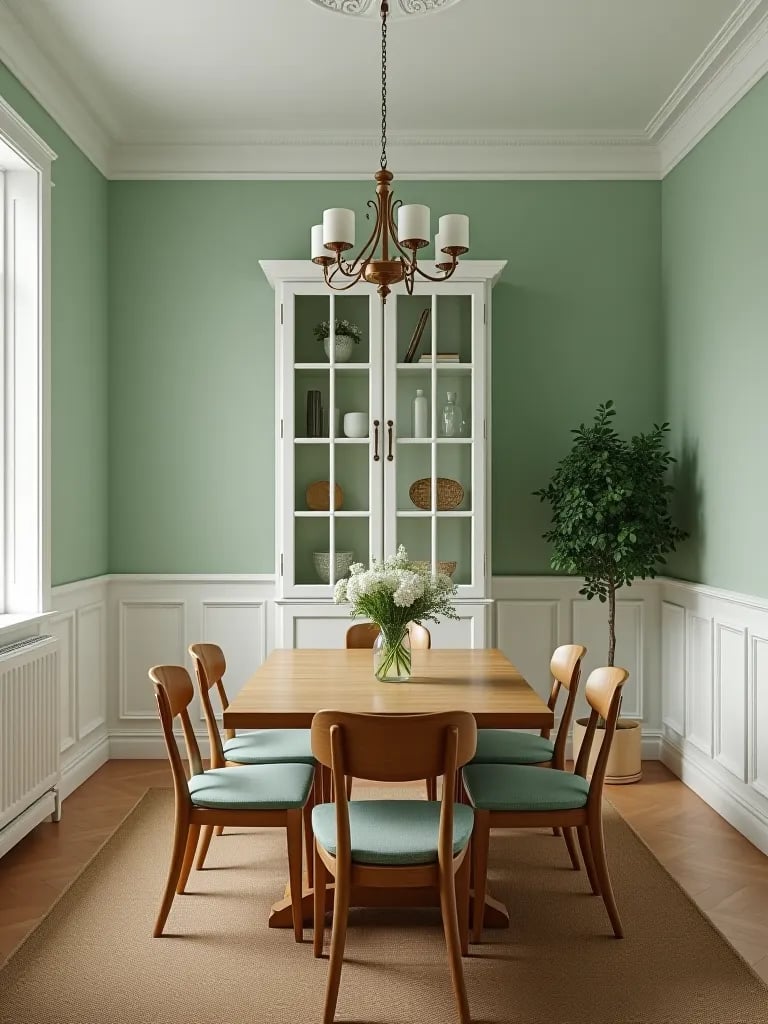 Bright dining room with mint walls and china cabinet