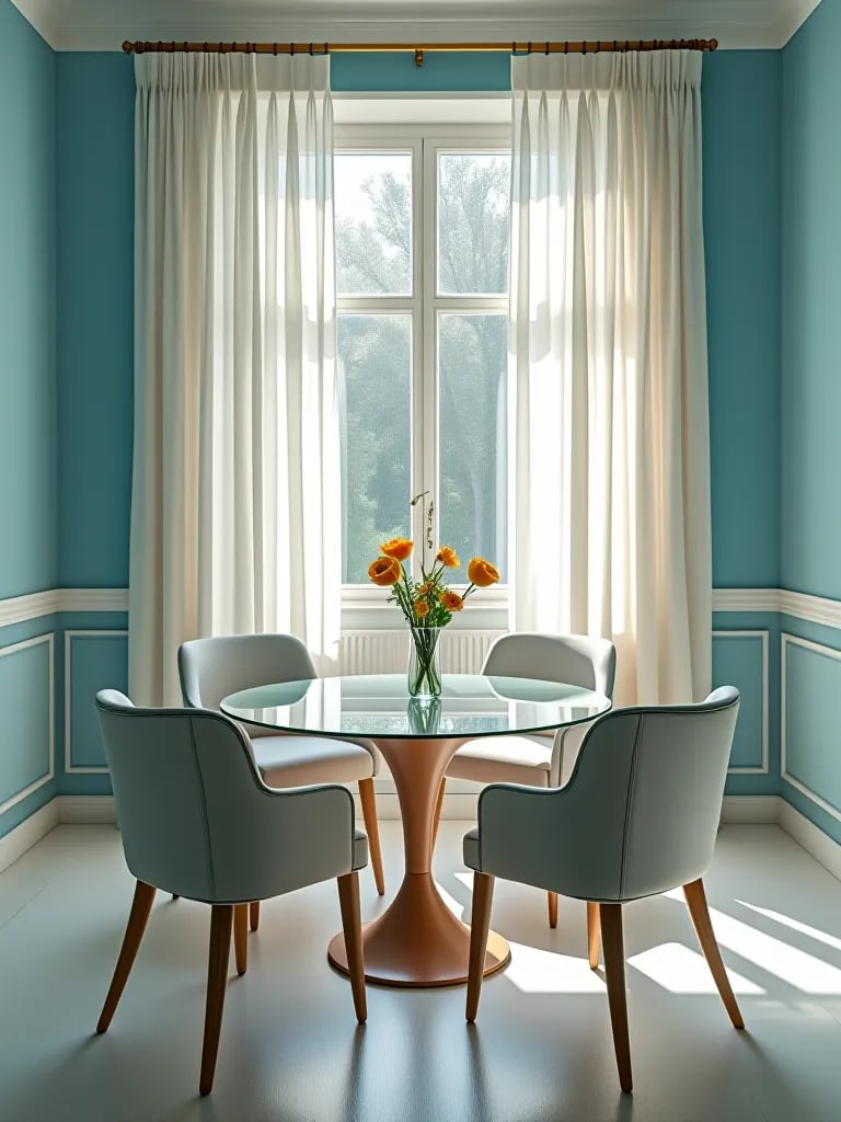 Bright dining room with soft blue walls and natural light