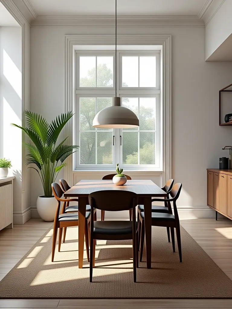 Bright dining room with white walls and dark furniture