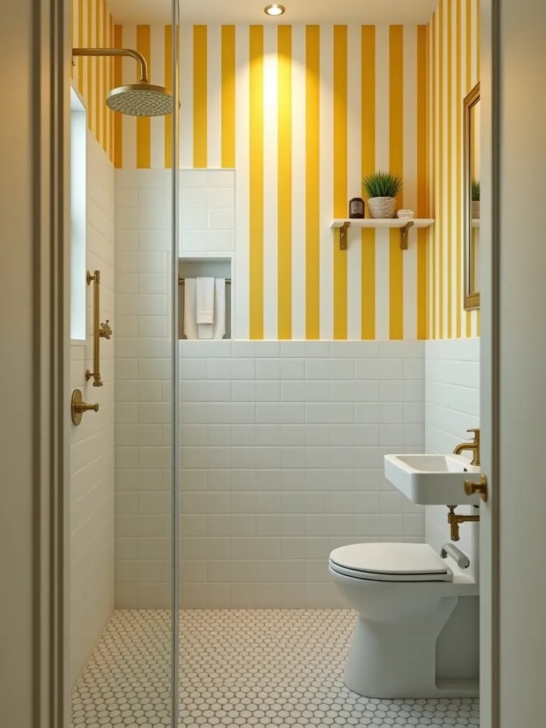 Bright small bathroom with yellow striped wallpaper and subway tile shower