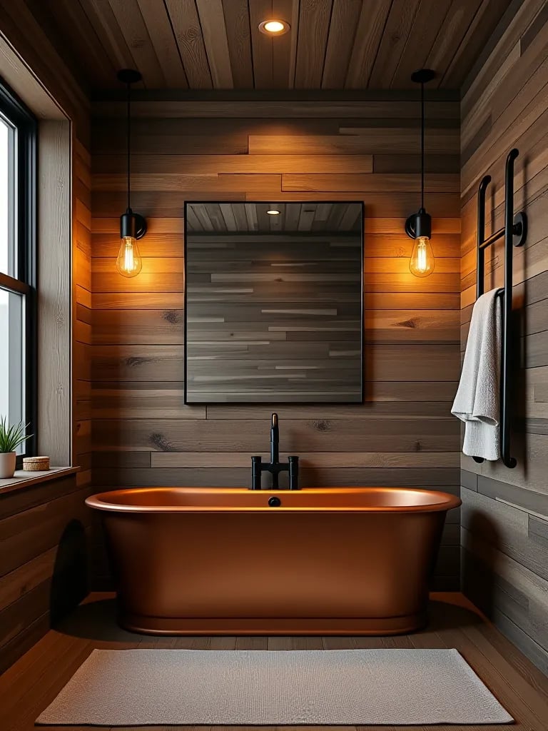 Cabin style bathroom with rustic wallpaper