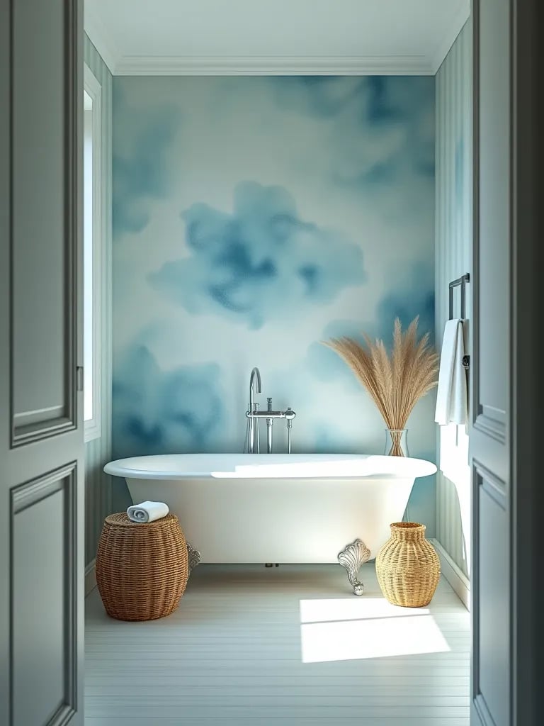 Calm small bathroom featuring watercolor effect wallpaper and woven baskets