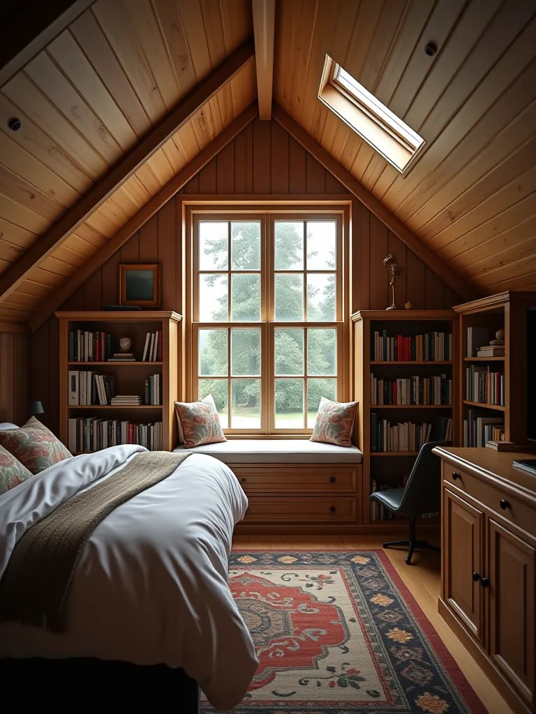 Charming attic bedroom with built in bookshelves