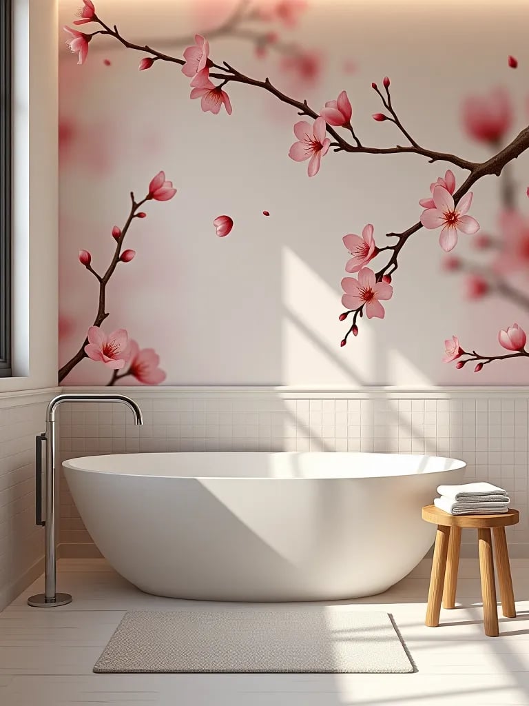 Cherry blossom removable wallpaper in serene bathroom