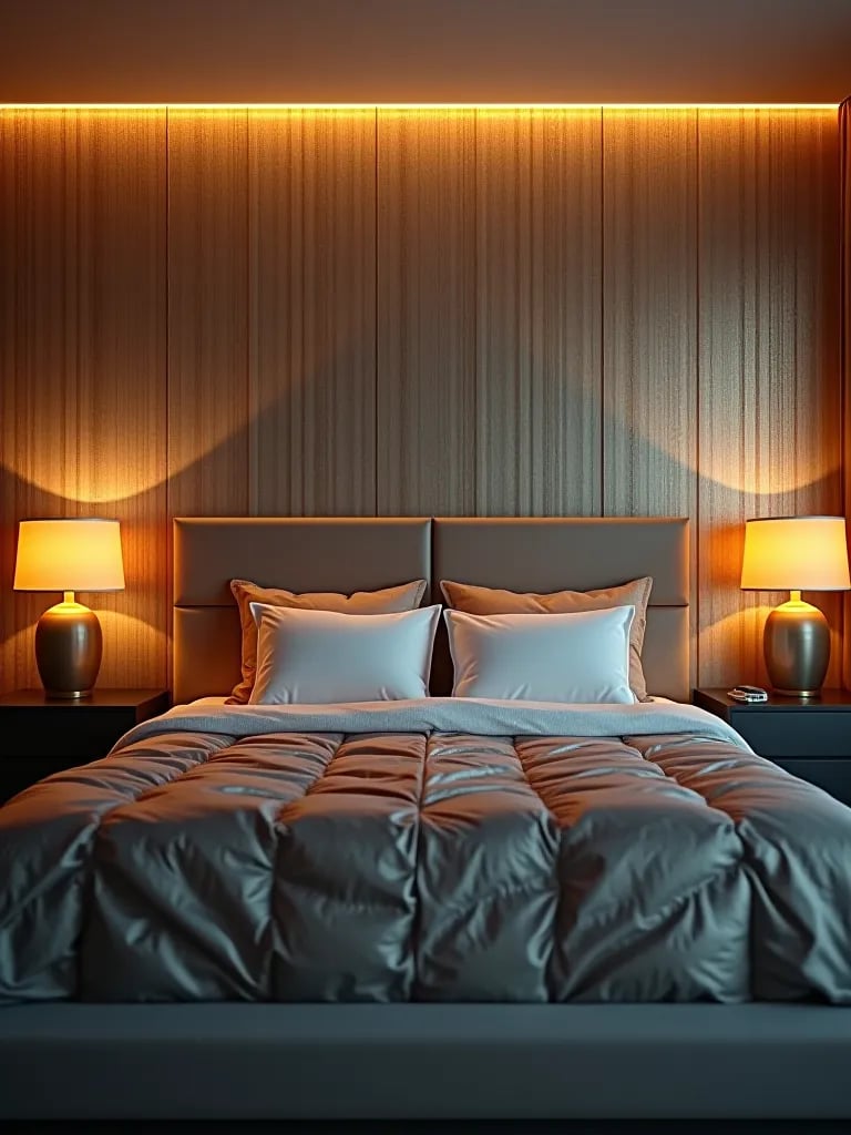 Chic bedroom featuring textured metallic wallpaper
