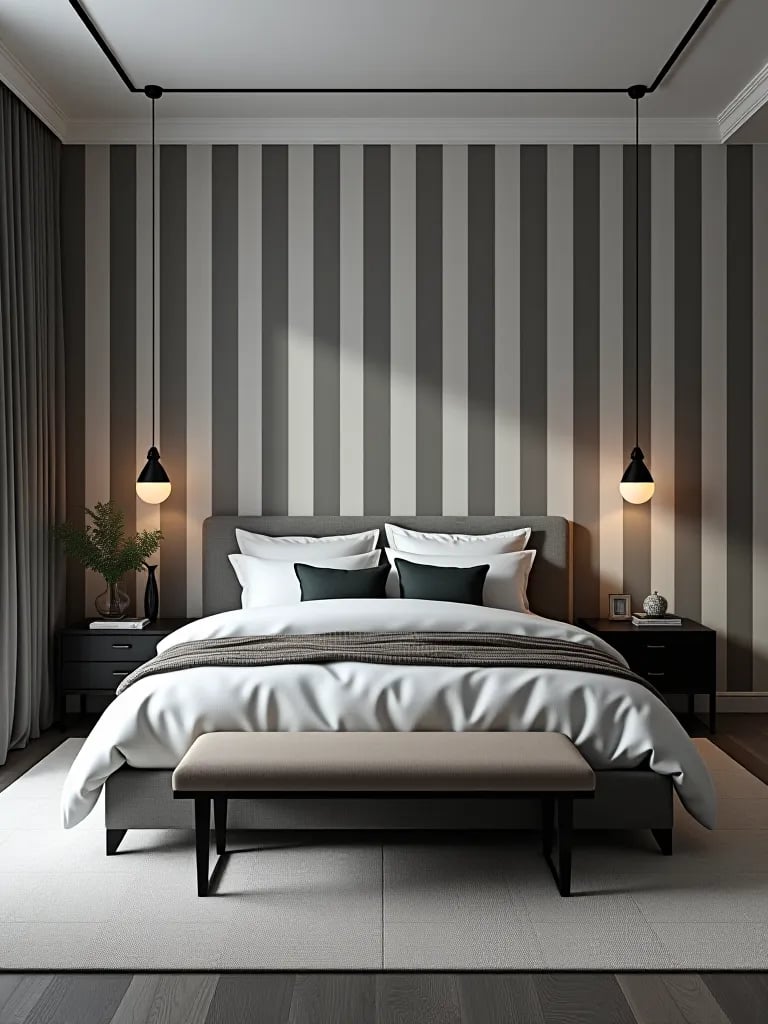 Chic bedroom with gray striped wallpaper and modern furniture