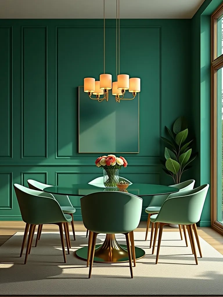 Chic dining space with emerald wall and mid century modern furniture