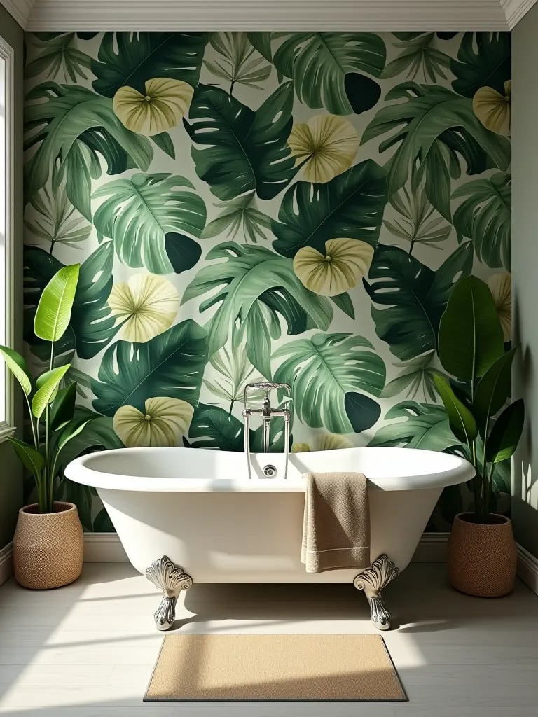 Clawfoot tub with tropical wallpaper background