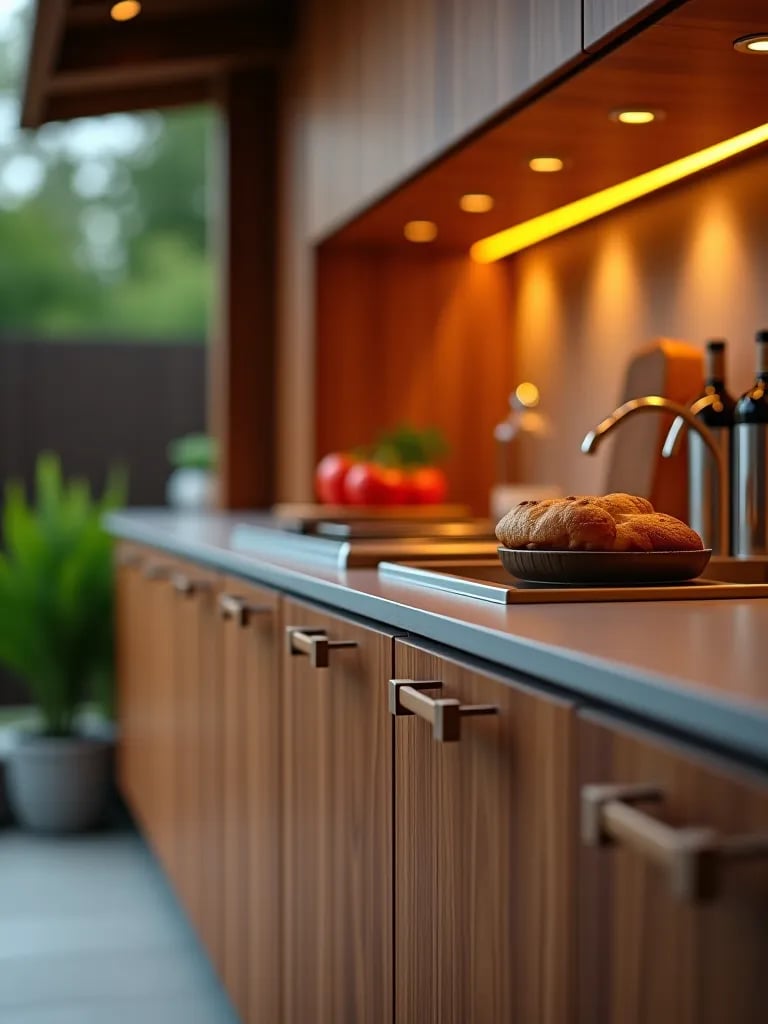 Close up of durable outdoor kitchen cabinets with modern hardware