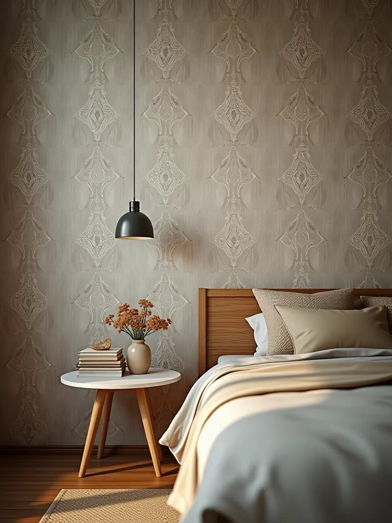 Close up of textured wallpaper in modern bedroom
