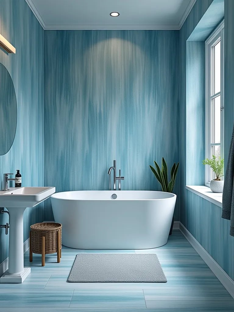 Coastal bathroom with blue textured wallpaper