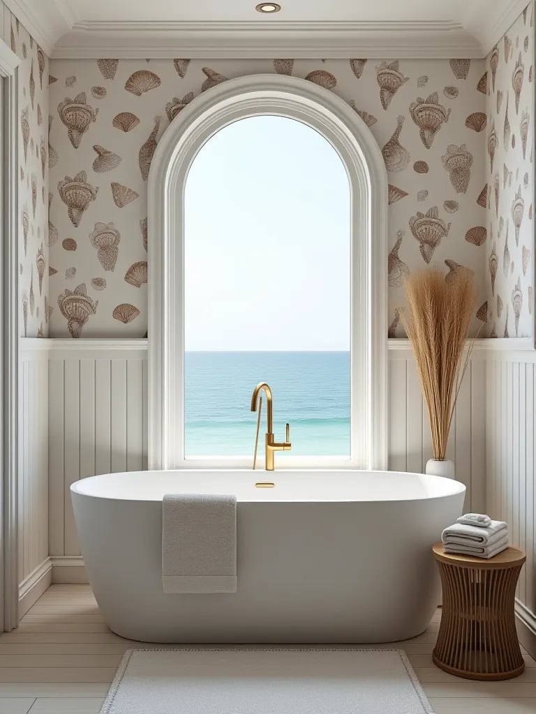Coastal bathroom with seashell wallpaper and freestanding tub
