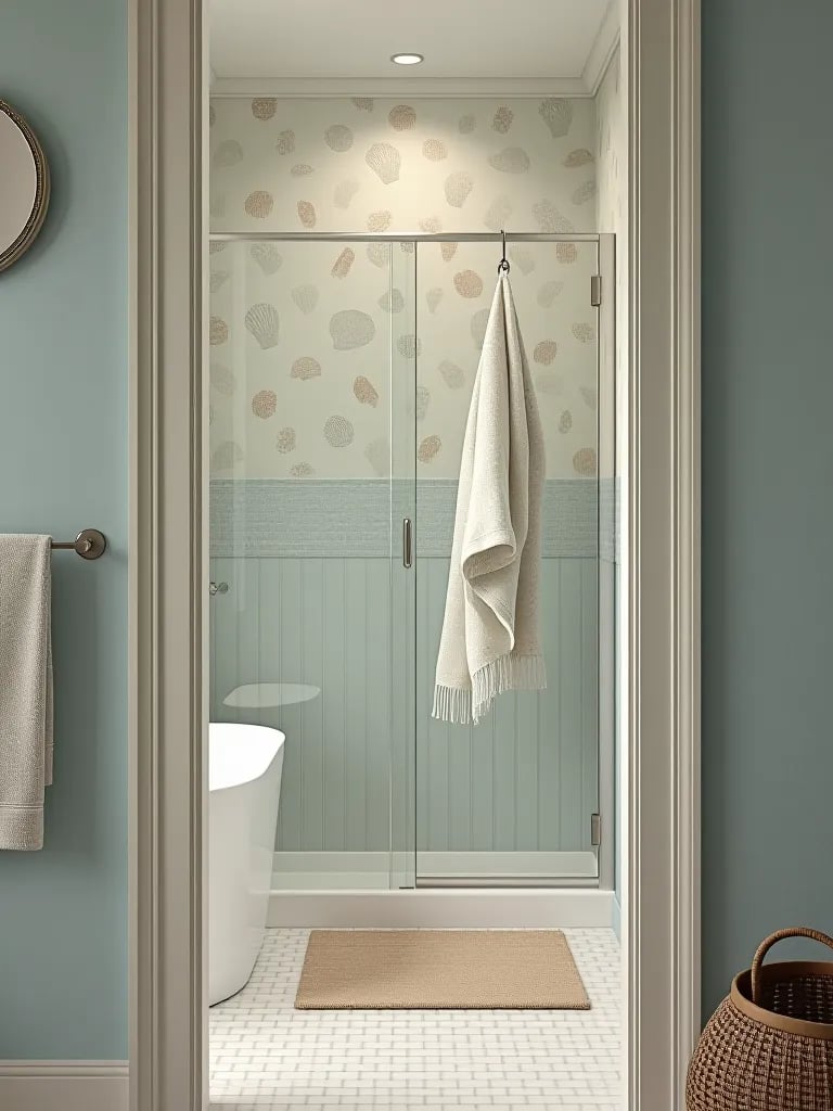 Coastal bathroom with seashell wallpaper and walk in shower