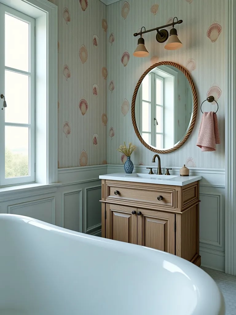 Coastal inspired bathroom with seashell wallpaper