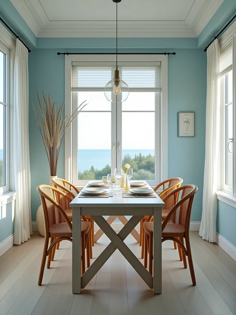 Coastal inspired dining room with light blue walls and ocean view