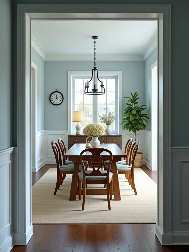 Coastal inspired dining room with light blue walls