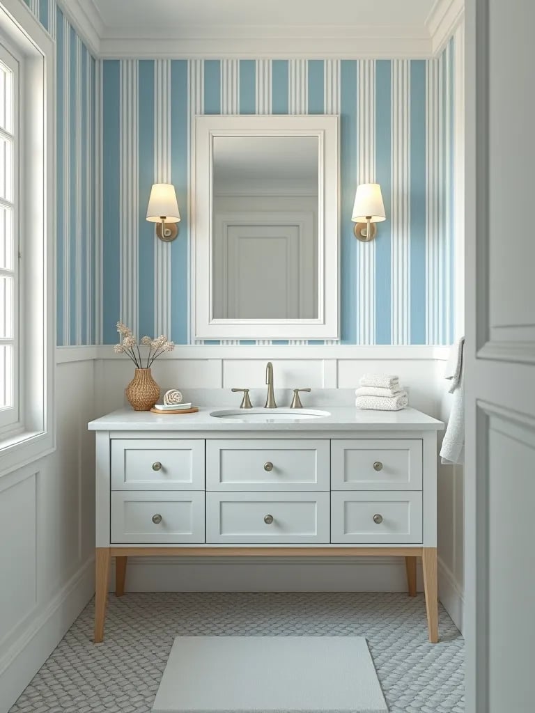Coastal inspired striped removable wallpaper in beach bathroom