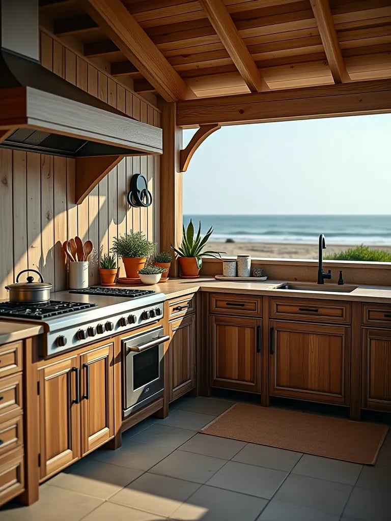 Coastal outdoor kitchen with nautical bar and beach view