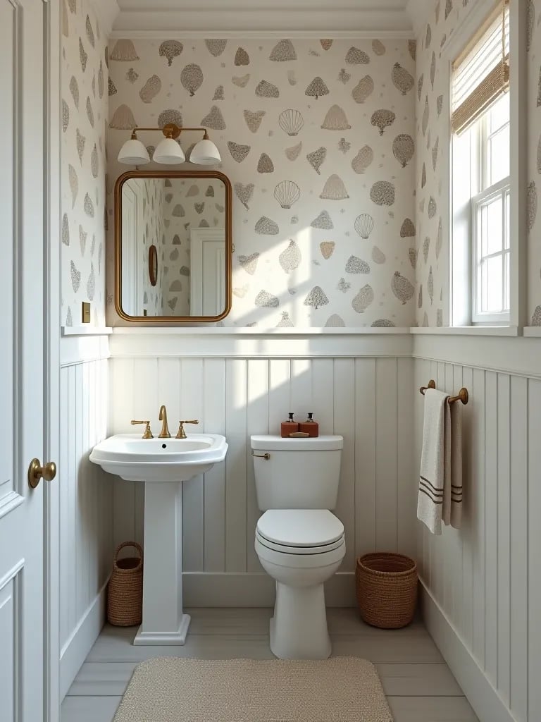 Coastal small bathroom with seashell wallpaper and shiplap wainscoting